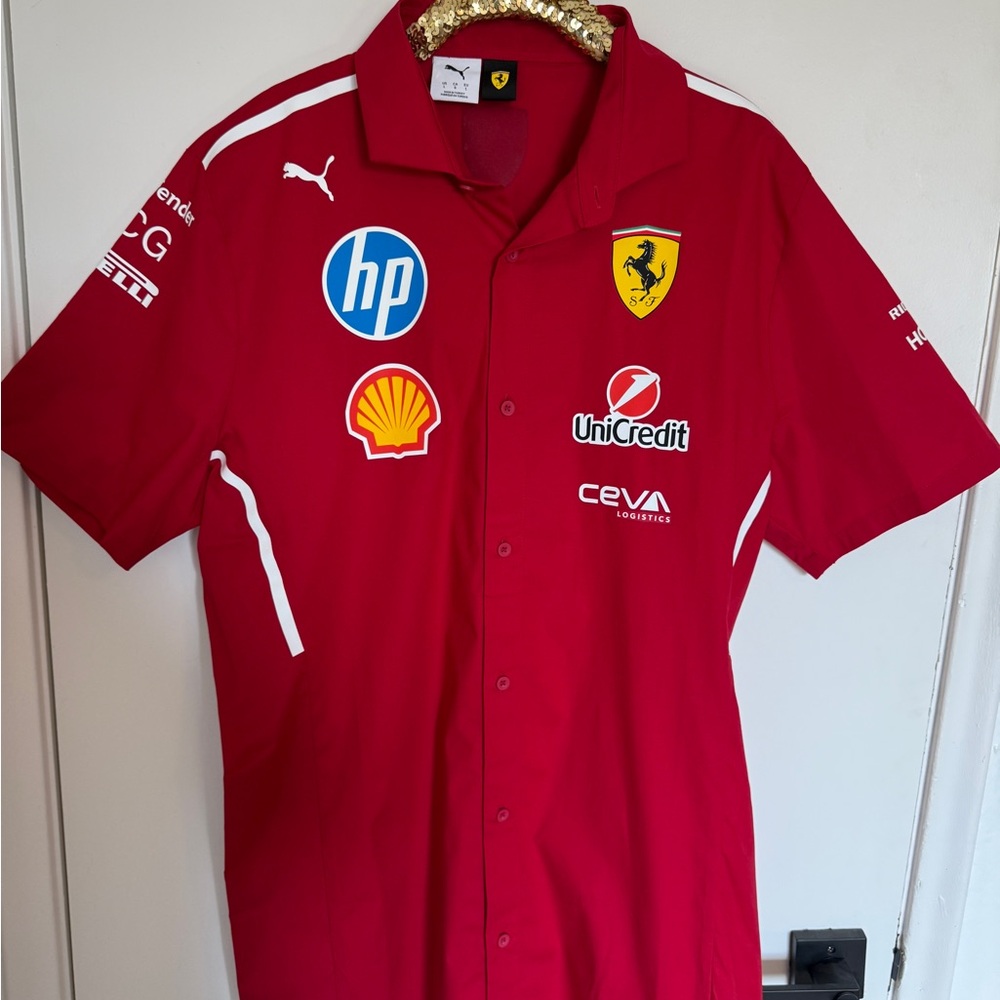 Puma Red Ferrari Team Button-Down Shirt with Sponsor Logos